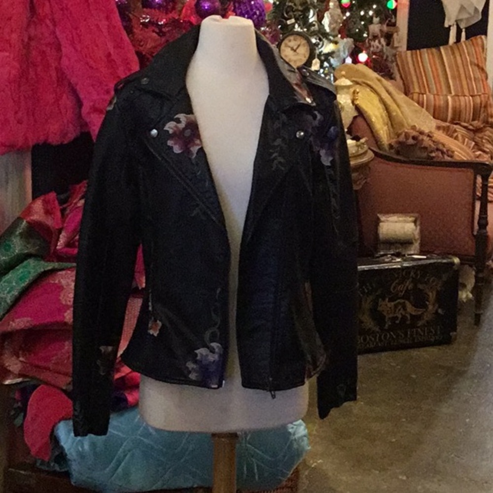 Floral Embroidered Black Leather Jacket